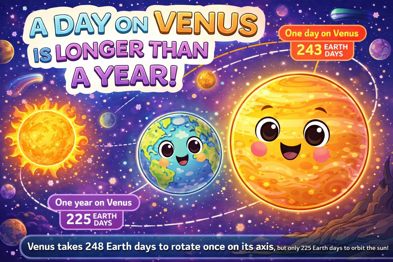 Illustration of Venus showing its slow rotation and faster orbit around the Sun