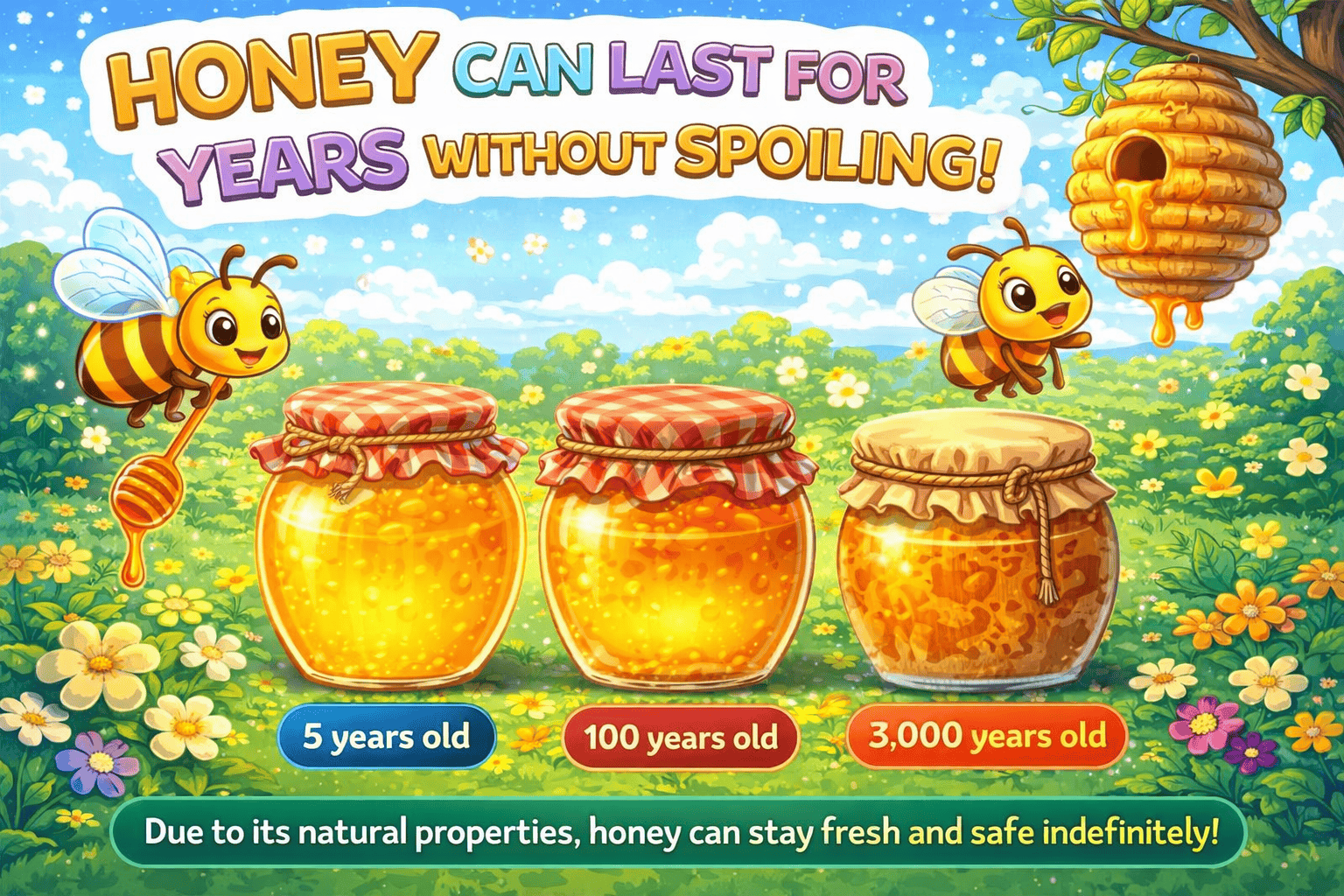 Illustration of honey jars and honeycomb emphasizing long-lasting storage