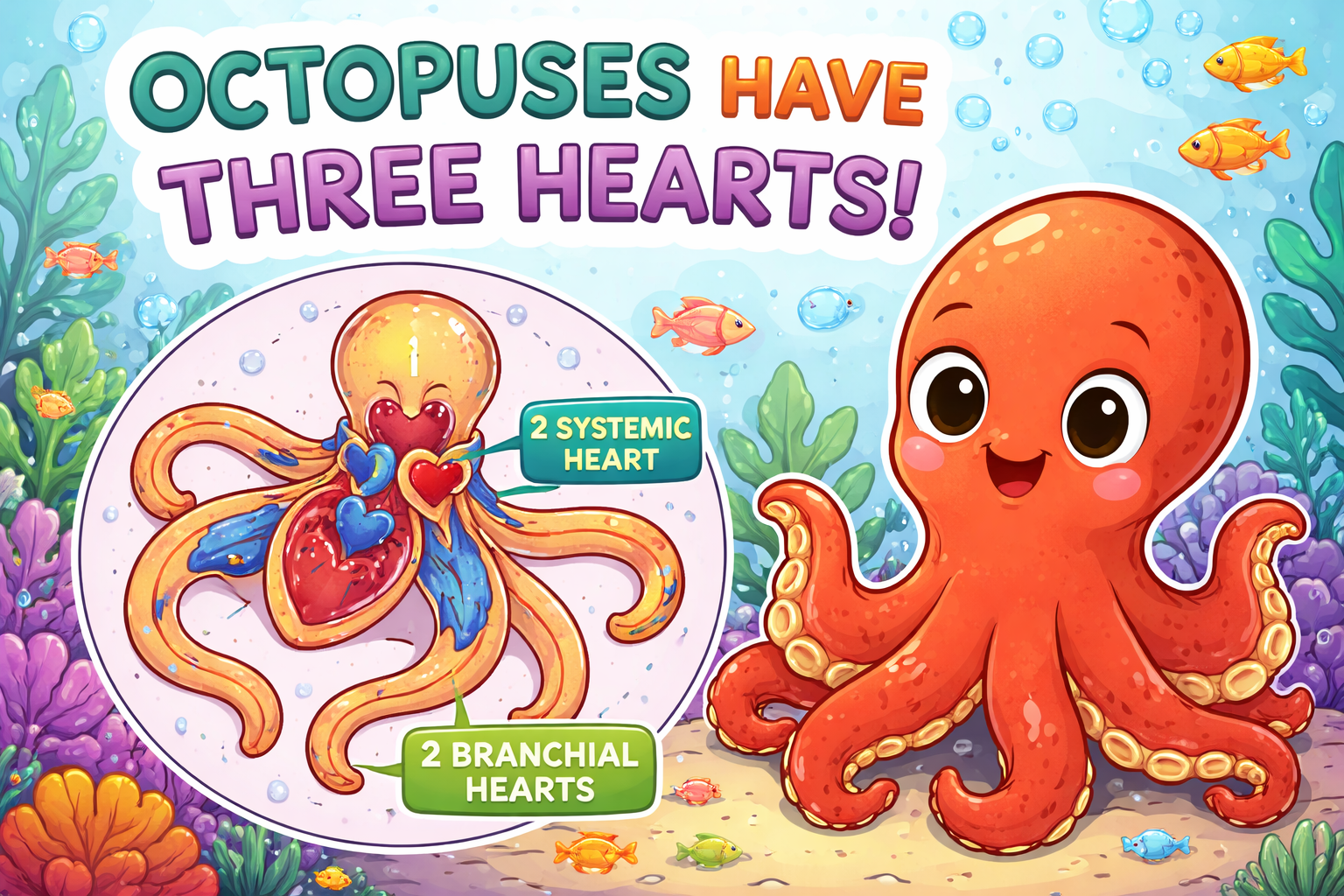 Illustration of an octopus with three highlighted hearts underwater